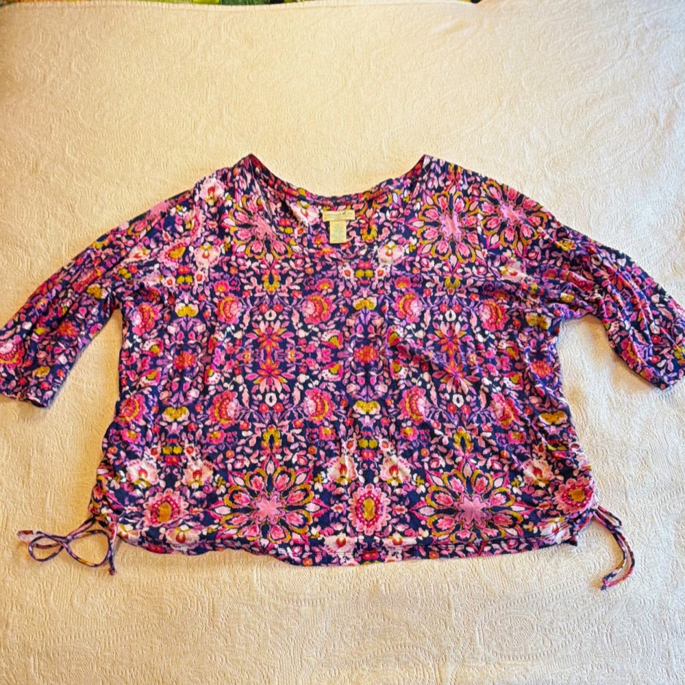Caribbean Joe Women’s Plus 2X Purple Pink Yellow Floral Knit V-Neck 3/4 Top